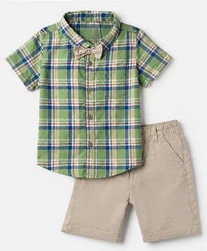 Babyhug Cotton Woven Half Sleeves Checked Shirt & Shorts Set - White & Green