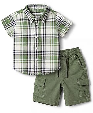 Babyhug 100% Cotton Woven Half Sleeves Shirt and Shorts with Checks - Green