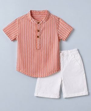 Babyhug 100% Cotton Woven Half Sleeves Striped Shirt and Shorts Set - Peach