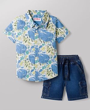 Babyhug Cotton Woven Half Sleeves Abstract Printed Shirt & Denim Shorts Set - Light Blue