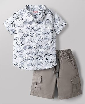 Babyhug 100% Cotton Woven Half Sleeves Shirt & Shorts Set with Bicycle Print - Grey