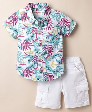 Babyhug 100% Cotton Woven Half Sleeves Floral Printed Shirt & Shorts Set - White