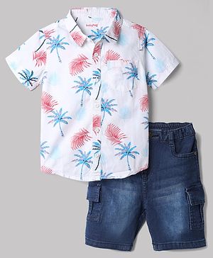 Babyhug Cotton Blend Woven Half Sleeves Shirt and Denim Shorts With Floral Print - White