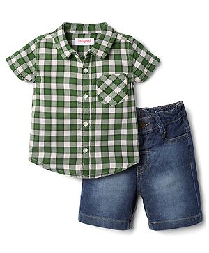 Babyhug Cotton Woven Denim Half Sleeves Checked Shirt and Shorts Set - Green & Blue
