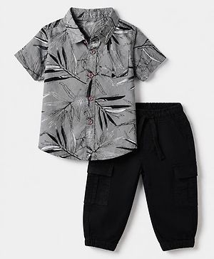 Babyhug 100% Cotton Woven Half Sleeves Shirt and Jogger with Leaves Print - Grey
