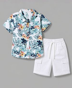Babyhug 100% Cotton Woven Half Sleeves Floral Printed Shirt & Shorts With Cargo Pockets - Blue & White