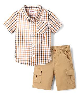 Babyhug 100% Cotton Woven Half Sleeves Shirt and Shorts Set with Checks - Beige