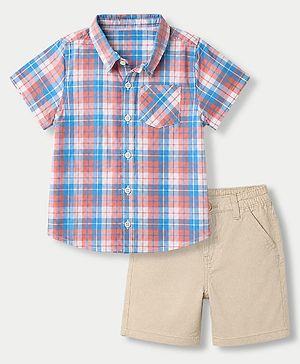 Babyhug 100% Cotton Woven Half Sleeves Shirt and Shorts with Checks - Beige