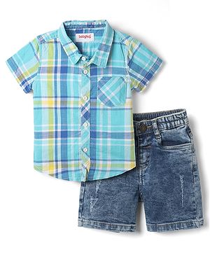 Babyhug Cotton Woven Half Sleeves Checked Shirt and Shorts Set - Blue
