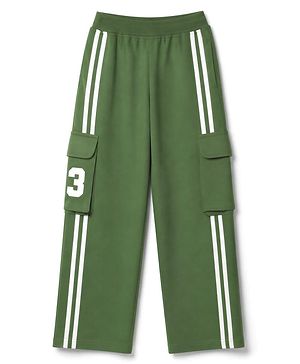 Pine Kids Cotton Knit Full Length Striped Lounge & Track Pant With Side Pockets - Olive Green