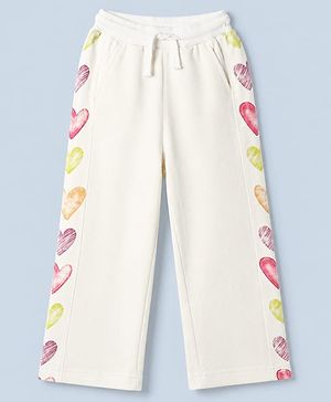 Pine Kids Cotton Blend Knit Full Length Track Pant with Hearts Print in Offwhite