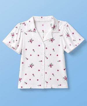 Pine Kids 100% Cotton Knit Top with Half Sleeves and Floral Print in White