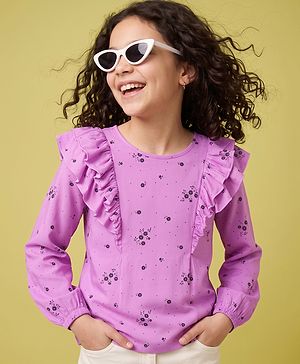 Pine Kids Cotton Knit Full Sleeves Top with Frill Detailing and Floral Print - Fuchsia