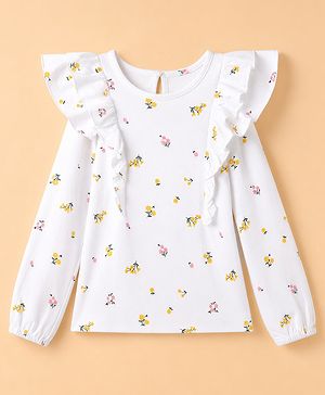 Pine Kids Cotton Knit Tops with Full Sleeves and Floral Print in White