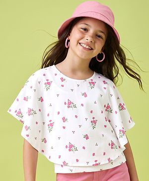 Pine Kids Cotton Knit Top with Flutter Sleeves and Floral Print - White