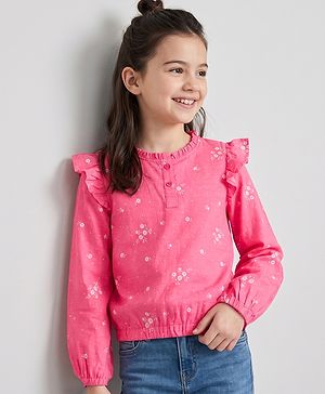 Pine Kids 100% Cotton Knit Top with Full Sleeves and Floral Print - Dark Pink