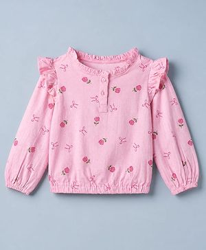 Pine Kids 100% Cotton Knit Full Sleeves Top with Frill Detailing and Rose Print in Pink