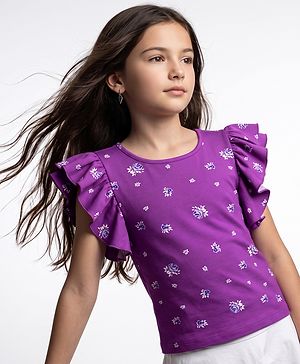 Pine Kids Cotton Knit Half  Sleeves Top with Floral Print - Purple