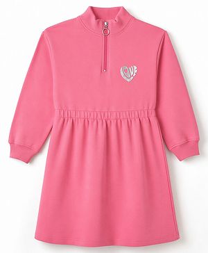 Pine Kids Cotton Knit Winter Dress with Full Sleeves and Love Print - Pink