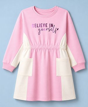 Pine Kids Cotton Knit Winter Frock with Full Sleeves and Believe In Yourself Print in Pink for 4-5 Years