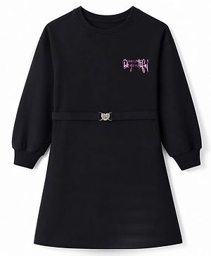 Pine Kids Cotton Knit Full Sleeves  Sweatshirt Winter Frock with Text Glitter Print & Belt - Black
