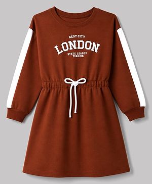 Pine Kids Cotton Knit Full Sleeves Sweatshirt Winter Frock with Text Print -Brown