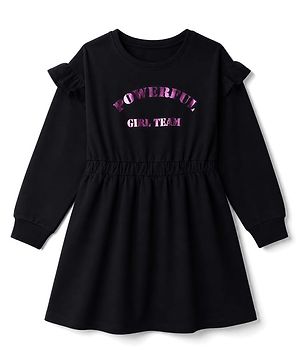 Pine Kids 100% Cotton Knit Full Sleeves Powerful Girl Team Printed Winter Frock - Black