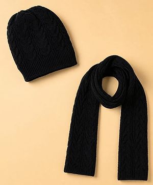 Pine Kids Knit Solid Woollen Caps and Set in Black - Diameter 15 cm