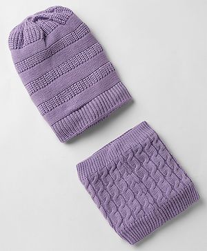 Pine Kids Knit Woollen Caps and Sets With Cable Knit Design in Lilac - Diameter 15 cm