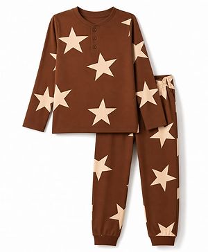 Pine Kids Cotton Knit Full Sleeves T-Shirt & Pyjama Co-ords Night Suit With Star Print - Brown