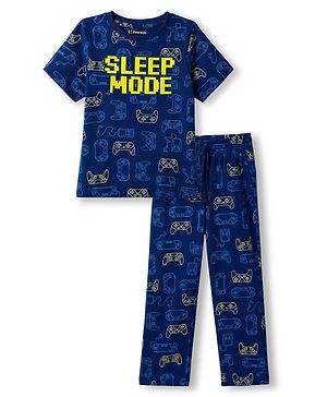 Pine Kids Cotton Knit Half Sleeves Game Controller & Text Printed T-Shirt & Pajama Night Suit - Navy