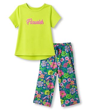 Pine Kids Cotton Knit Half Sleeves Floral Printed T-Shirt & Capri Night Suit - Lemon