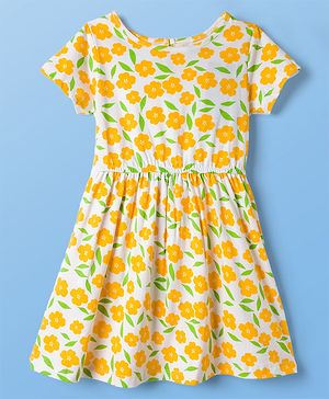 Pine Kids Cotton Knit Half Sleeves Floral Printed Frock - Yellow