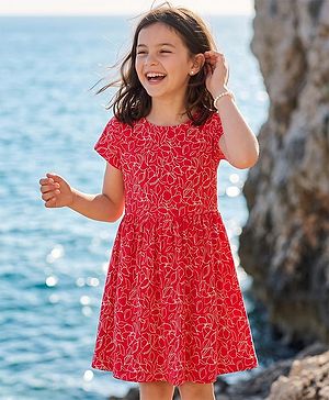 Pine Kids Cotton Knit Half Sleeves Floral Printed Dress -Red
