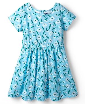 Pine Kids Cotton Knit Half Sleeves Floral Printed Dress -Light Blue