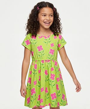Pine Kids Cotton Knit Half Sleeves Floral Printed Dress - Light Green