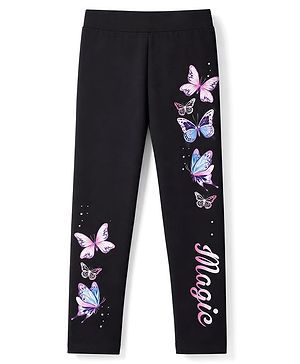 Pine Kids Cotton Lycra Knit Full Length Butterfly Printed Leggings - Black