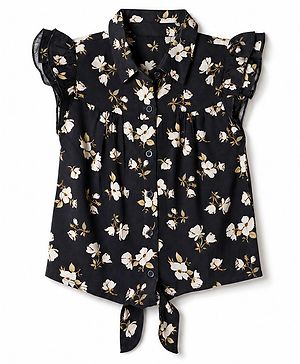 Pine Kids Viscose Woven Knotted Top with Flutter Sleeve with Floral Print - Black