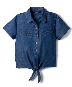 Pine Kids 100% Cotton Woven Denim Top with Half Sleeves & Knot in Navy Blue