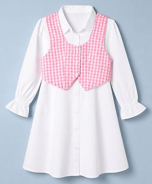 Pine Kids 100% Cotton Woven Full Sleeves Frock with Checked Jacket - White