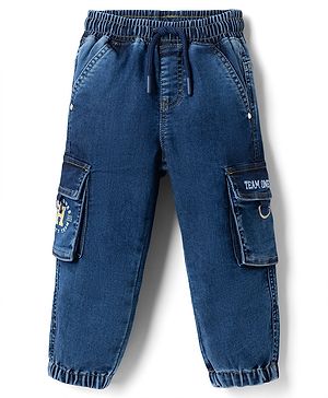Babyhug Full Length Denim Joggers With Cargo Pockets - Blue