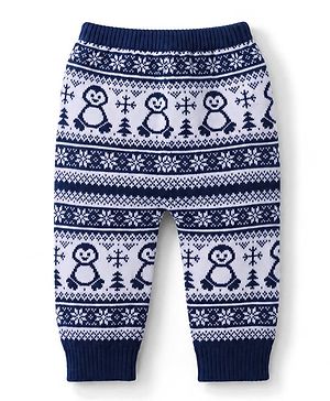 Babyhug Sweater Knit Full Length Woollen Pant With Floral Design - Navy Blue