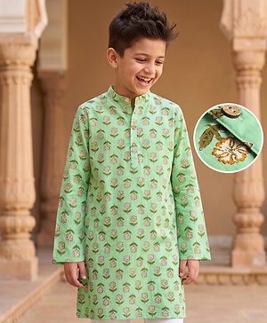 Pine Kids Cotton Woven Full Sleeves Kurta With Floral Print - Light Green