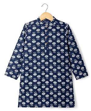 Pine Kids Cotton Woven Full Sleeves Floral Printed Kurta - Navy Blue