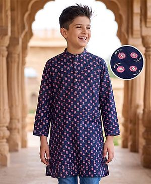 Pine Kids Cotton Woven Full Sleeves Floral Printed Kurta - Navy