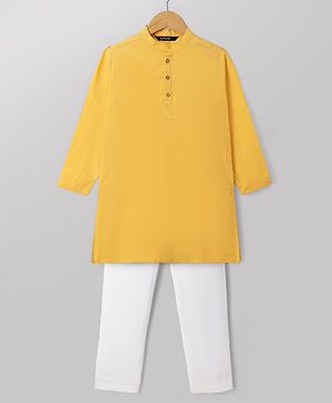 Pine Kids Cotton Woven Full Sleeves Solid Kurta Pyjama Set - Mustard