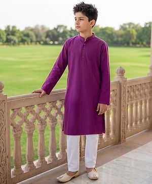 Pine Kids Cotton Woven Full Sleeves Solid Kurta Pyjama Set - Wine