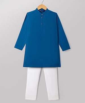 Pine Kids Cotton Woven Full Sleeves Solid Kurta Pyjama Set - Navy Blue