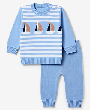 Babyhug Knit Full Sleeves Sweater Set with Stripes & Boat Design - Light Blue