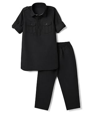 Babyhug Rayon Woven Full Length Solid Pathani Kurta Pyjama Set - Black